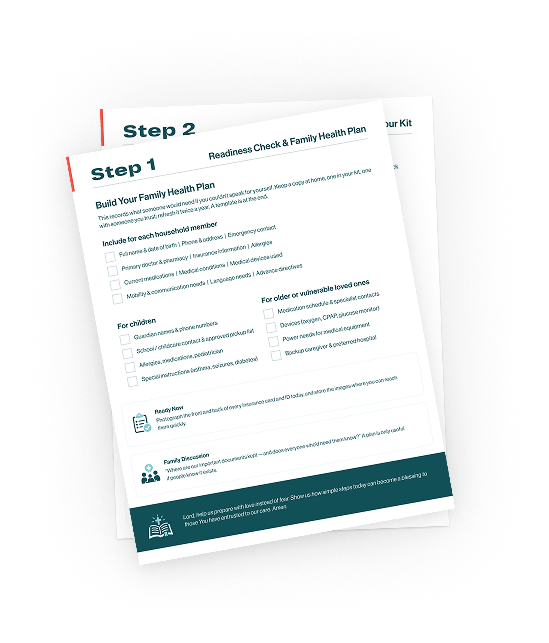 Step-by-step pages from the Family Emergency Health Guide